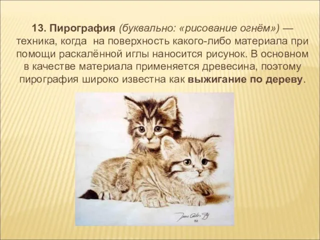 13. Пирография (буквально: «рисование огнём») — техника, когда на поверхность какого-либо материала