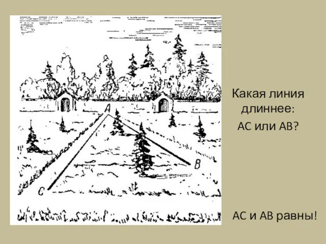 Какая линия длиннее: AC или AB? AC и AB равны!