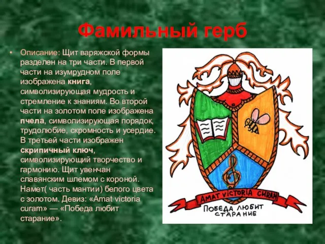 Фамильный герб Описание: Щит варяжской формы разделен на три части. В первой