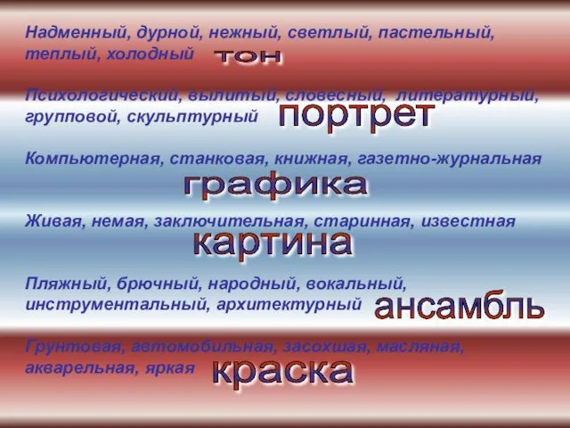 Надменный, дурной, нежный, светлый, пастельный, теплый, холодный Психологический, вылитый, словесный, литературный, групповой,