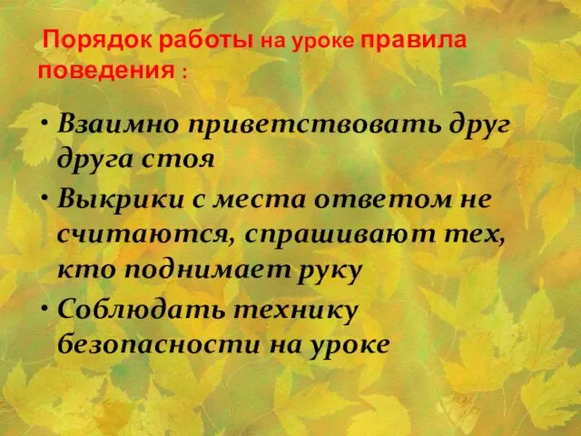 Порядок работы на уроке правила поведения : Взаимно приветствовать друг друга стоя