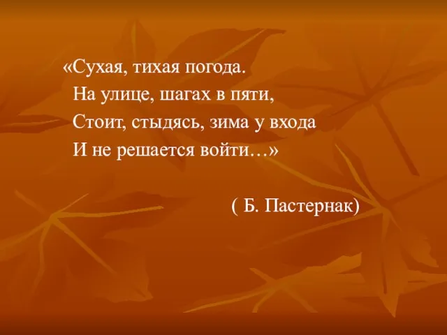 «Сухая, тихая погода. На улице, шагах в пяти, Стоит, стыдясь, зима у