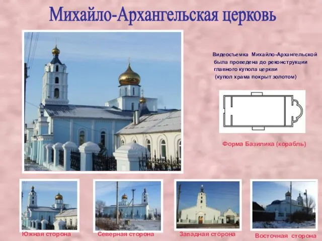 Михайло-Архангельская церковь Южная сторона Форма Базилика (корабль) Северная сторона Западная сторона Восточная