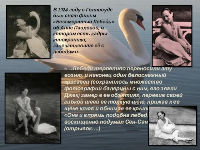 В 1924 году в Голливуде был снят фильм «Бессмертный Лебедь» об Анне