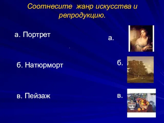 а. Портрет б. Натюрморт в. Пейзаж Соотнесите жанр искусства и репродукцию. а. б. . в.