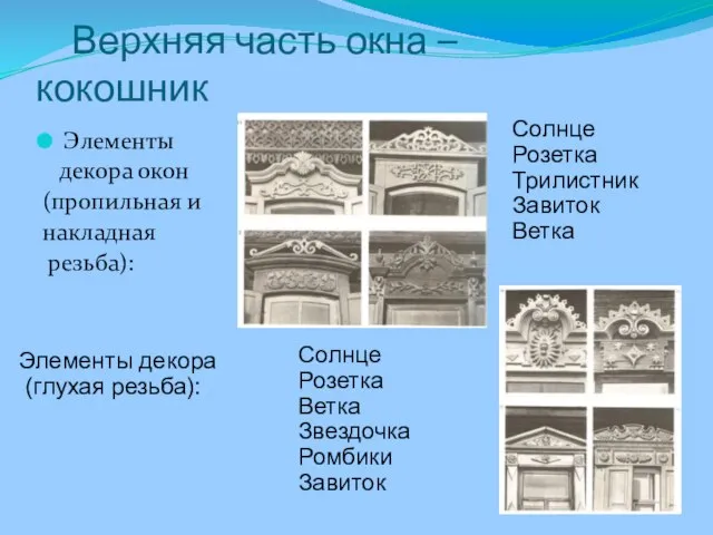 Верхняя часть окна – кокошник Элементы декора окон (пропильная и накладная резьба):