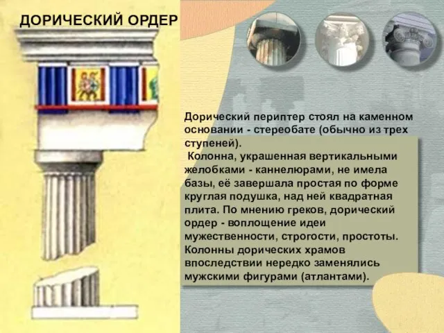 ДОРИЧЕСКИЙ ОРДЕР Дорический периптер стоял на каменном основании - стереобате (обычно из