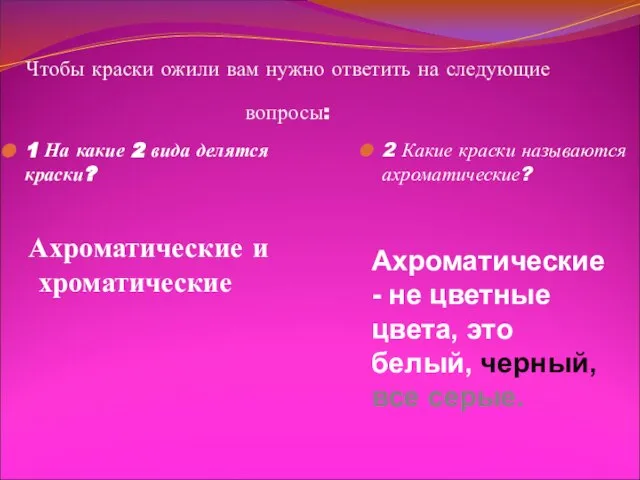 Чтобы краски ожили вам нужно ответить на следующие вопросы: 1 На какие