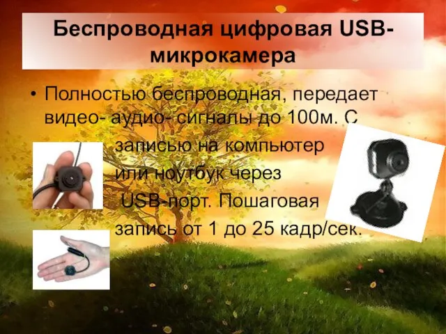 Беспроводная цифровая USB-микрокамера Полностью беспроводная, передает видео- аудио- сигналы до 100м. С