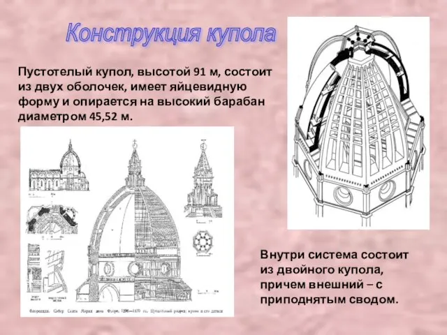 Пустотелый купол, высотой 91 м, состоит из двух оболочек, имеет яйцевидную форму