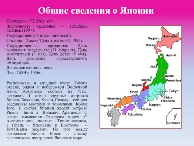 Общие сведения о Японии Площадь – 372,2тыс. км2. Численность населения – 125,5млн.