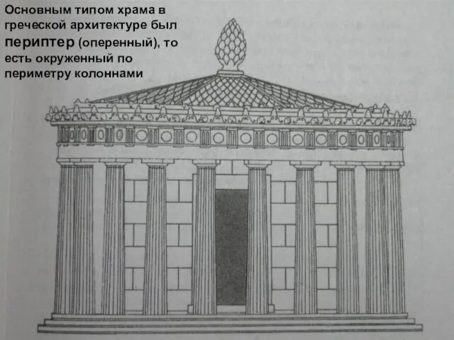 Основным типом храма в греческой архитектуре был периптер (оперенный), то есть окруженный по периметру колоннами