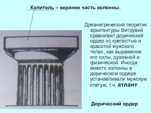 Дорический ордер Древнегреческий теоретик архитектуры Витрувий сравнивал дорический ордер «с крепостью и