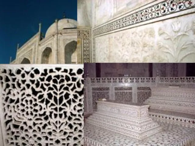 Стены Тадж-Махала выложены белым полированным мрамором с инкрустацией из самоцветов. Фантастический архитектурный
