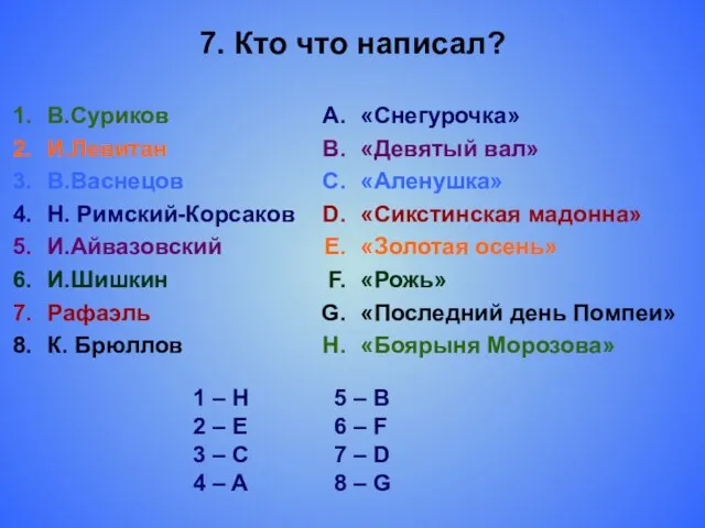 7. Кто что написал? В.Суриков И.Левитан В.Васнецов Н. Римский-Корсаков И.Айвазовский И.Шишкин Рафаэль