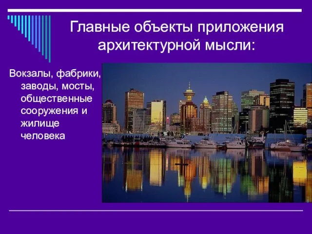 Главные объекты приложения архитектурной мысли: Вокзалы, фабрики, заводы, мосты, общественные сооружения и жилище человека