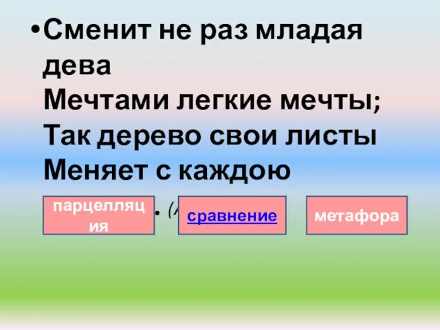 Сменит не раз младая дева Мечтами легкие мечты; Так дерево свои листы