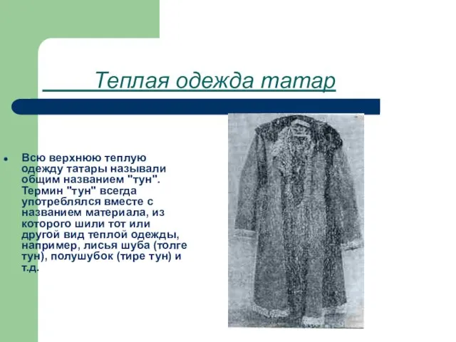 Теплая одежда татар Всю верхнюю теплую одежду татары называли общим названием "тун".