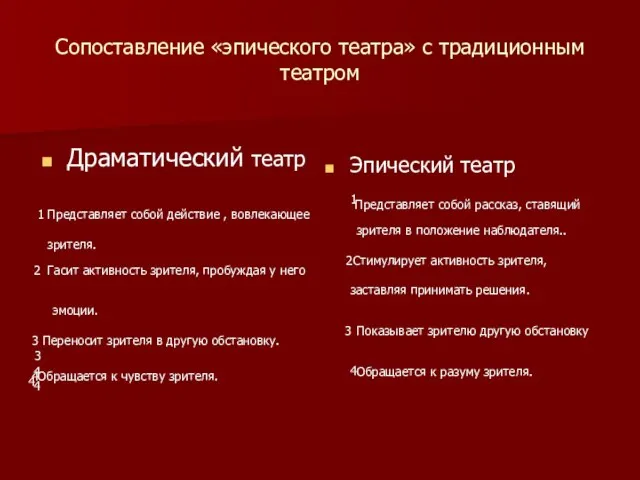 Сопоставление «эпического театра» с традиционным театром Драматический театр Эпический театр Представляет собой