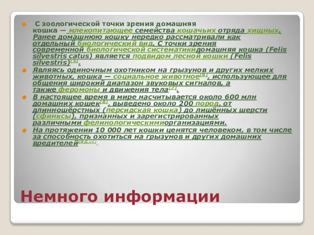 Немного информации С зоологической точки зрения домашняя кошка — млекопитающее семейства кошачьих