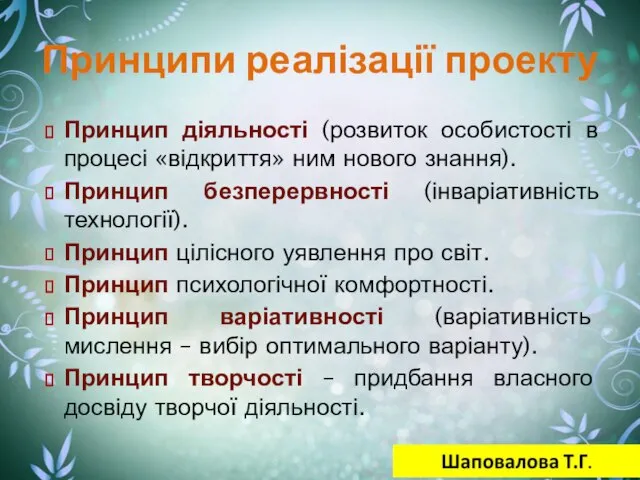 Принципи реалізації проекту Принцип діяльності (розвиток особистості в процесі «відкриття» ним нового