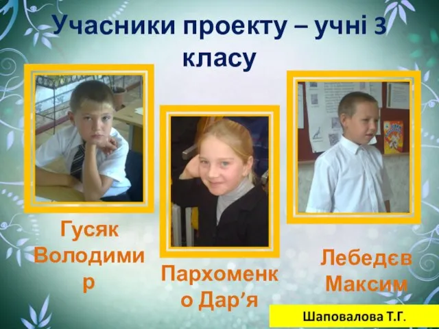 Учасники проекту – учні 3 класу Гусяк Володимир Пархоменко Дар’я Лебедєв Максим