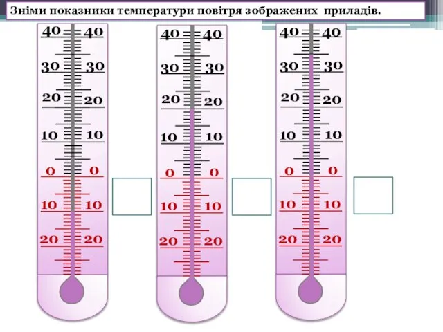 Зніми показники температури повітря зображених приладів. 20 20 10 10 0 0