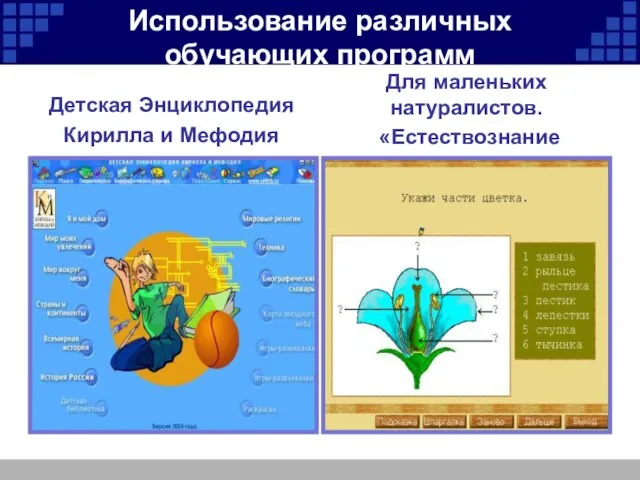 Использование различных обучающих программ Детская Энциклопедия Кирилла и Мефодия Для маленьких натуралистов. «Естествознание