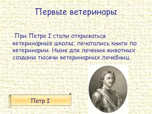 При Петре I стали открываться ветеринарные школы, печатались книги по ветеринарии. Ныне