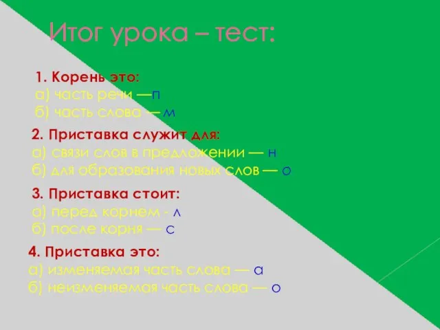 Итог урока – тест: 1. Корень это: а) часть речи —п б)