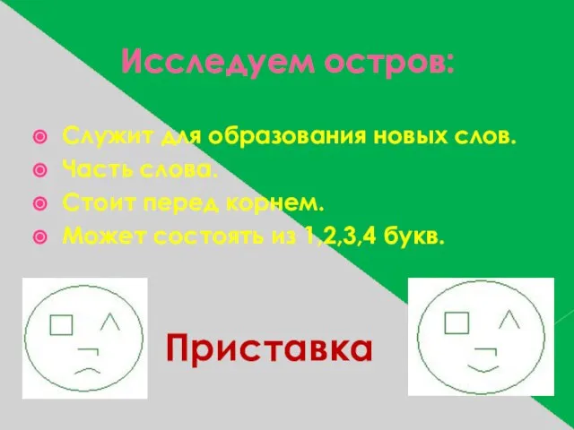 Исследуем остров: Служит для образования новых слов. Часть слова. Стоит перед корнем.