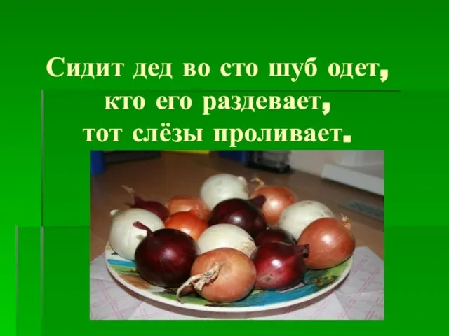 Сидит дед во сто шуб одет, кто его раздевает, тот слёзы проливает.