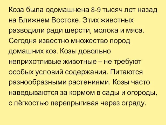 Коза была одомашнена 8-9 тысяч лет назад на Ближнем Востоке. Этих животных