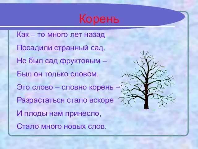 Корень Как – то много лет назад Посадили странный сад. Не был