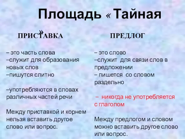 Площадь « Тайная ». ПРИСТАВКА ПРЕДЛОГ – это слово –служит для связи