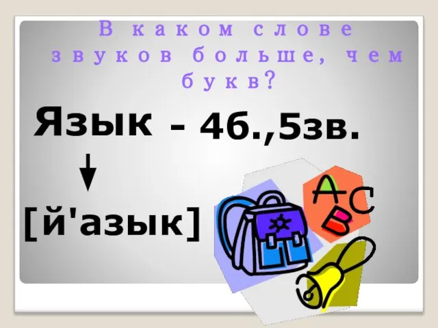 В каком слове звуков больше, чем букв? Язык - 4б.,5зв. [й'азык]