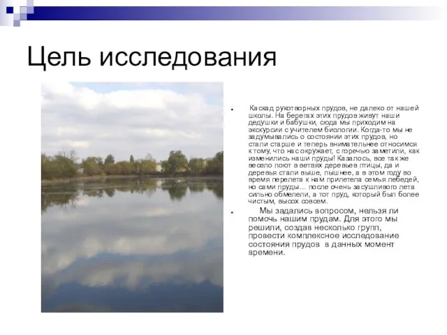 Цель исследования Каскад рукотворных прудов, не далеко от нашей школы. На берегах