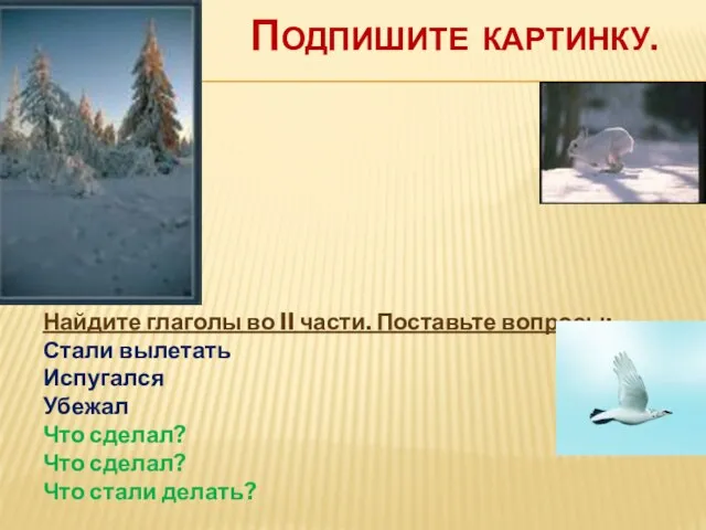 Подпишите картинку. Найдите глаголы во II части. Поставьте вопросы: Стали вылетать Испугался