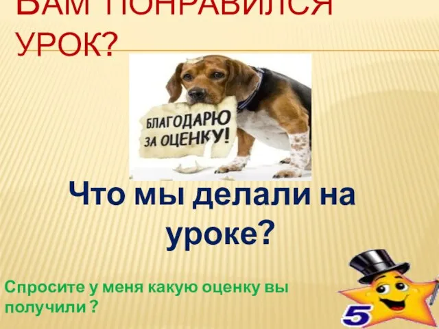 Вам понравился урок? Что мы делали на уроке? Спросите у меня какую оценку вы получили ?