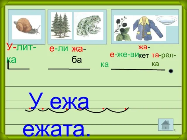 У-лит-ка е-ли е-же-ви-ка У ежа ежата. жа-ба жа-кет та-рел-ка