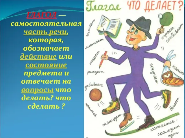 ГЛАГОЛ — самостоятельная часть речи, которая, обозначает действие или состояние предмета и