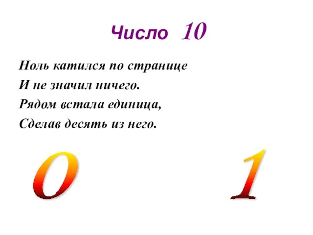 Число 10 Ноль катился по странице И не значил ничего. Рядом встала