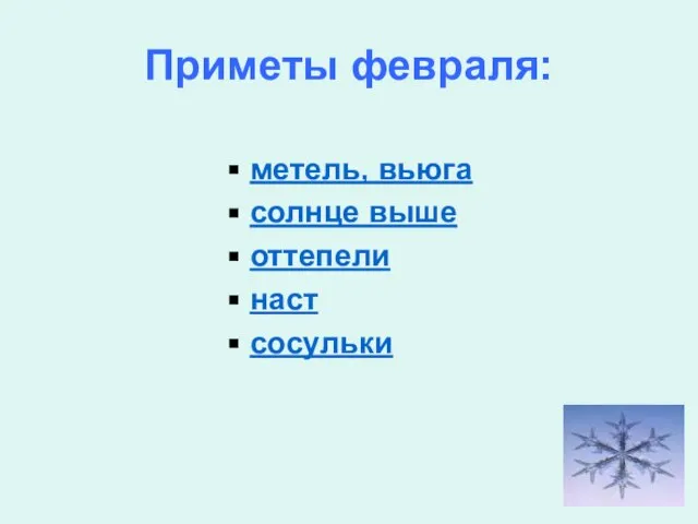 Приметы февраля: метель, вьюга солнце выше оттепели наст сосульки