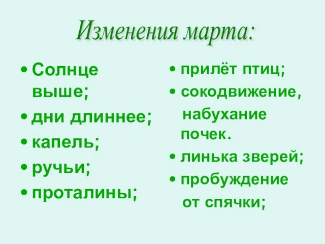 Солнце выше; дни длиннее; капель; ручьи; проталины; прилёт птиц; сокодвижение, набухание почек.