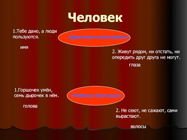 Человек 1.Тебе дано, а люди пользуются. 2. Живут рядом, ни отстать, ни