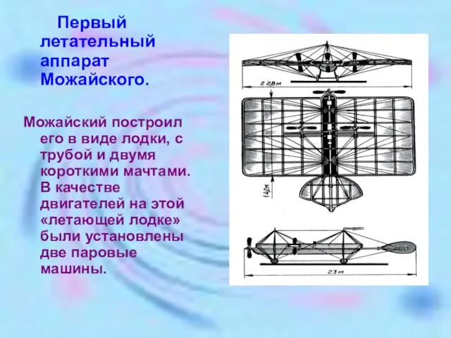 Первый летательный аппарат Можайского. Можайский построил его в виде лодки, с трубой