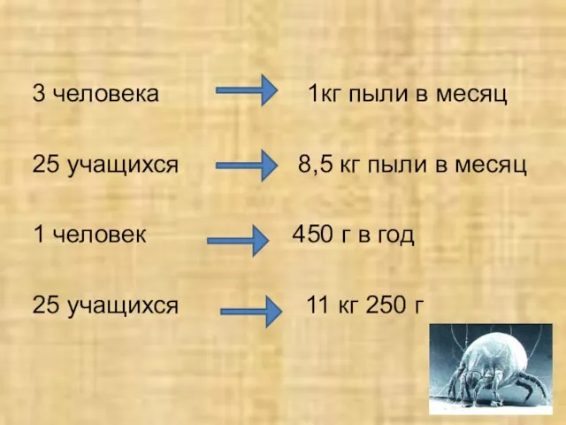 3 человека 1кг пыли в месяц 25 учащихся 8,5 кг пыли в