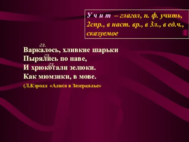 Варкалось, хливкие шарьки Пырялись по наве, И хрюкотали зелюки. Как мюмзики, в