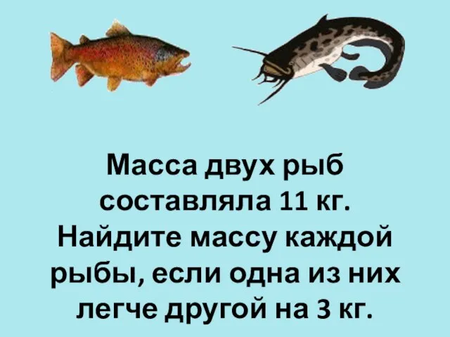 Масса двух рыб составляла 11 кг. Найдите массу каждой рыбы, если одна