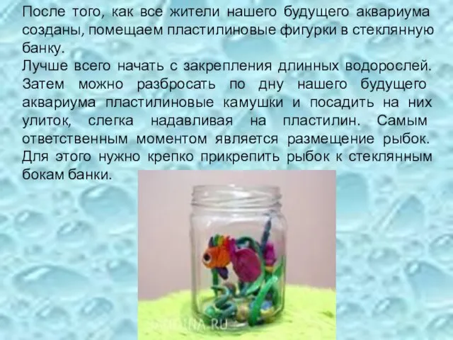 После того, как все жители нашего будущего аквариума созданы, помещаем пластилиновые фигурки